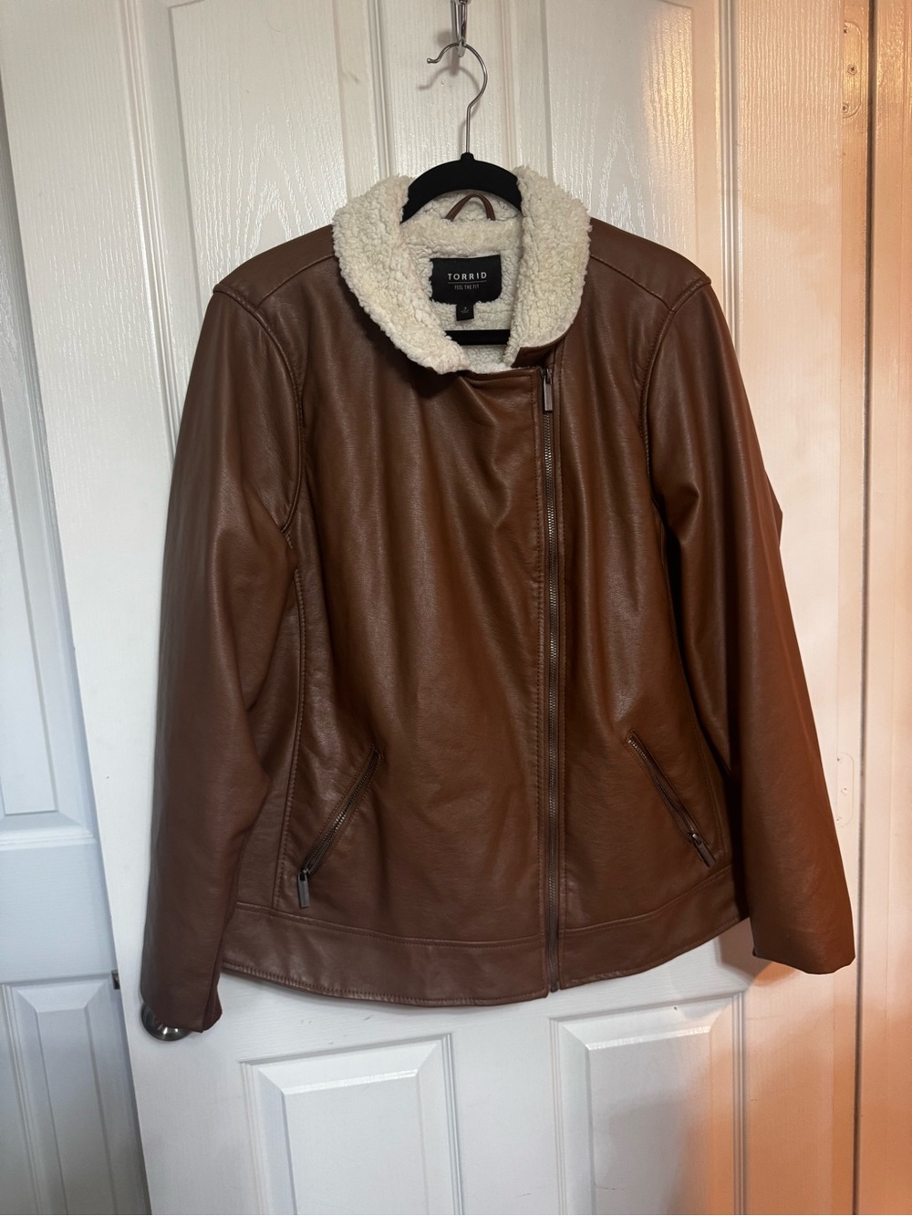 torrid Brown Faux Leather Jacket with Cream Sherpa Collar